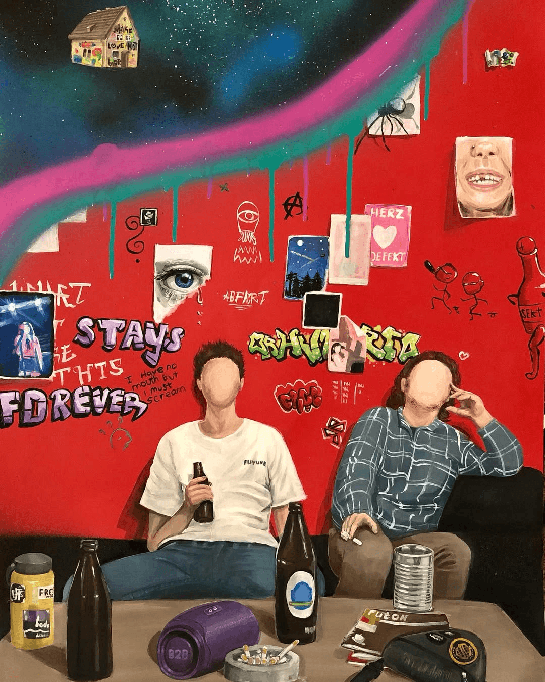 Rote Wandmalerei mit zwei Figuren, Schriftzug „Forever stays this" und Graffiti-Elementen